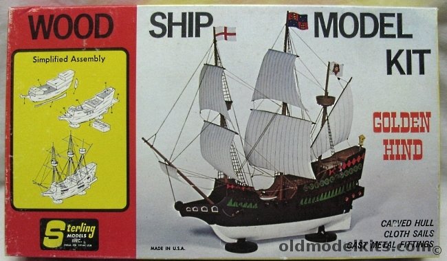 Sterling Golden Hind - 9.75 inch long Solid Wood Ship Kit with Cloth Sails and Metal Fittings, G5 plastic model kit